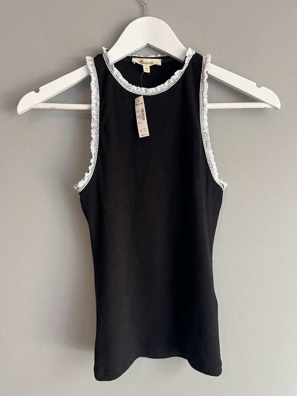 Madewell XS Lace Trim Tank Bundle 2 Black Cream Ribbed Tops NWT $90 Coquette